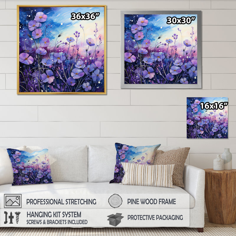 «Violets Field Pointillism Dot III», reproduction sur toile, H 16 po x l 16 po x P 1 po, Cadre simple blanc
