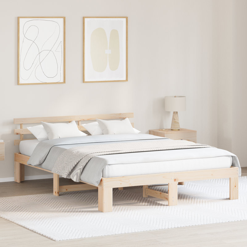 Bed Frame with Headboard Solid Pine Wood, European Double (140 x 200 cm), Natural