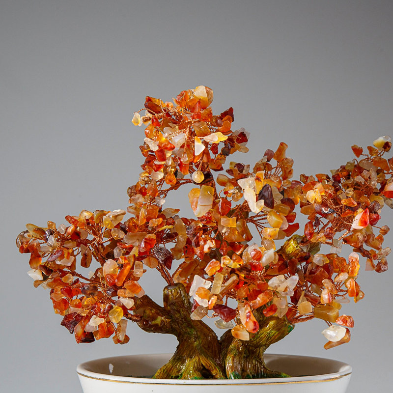 Genuine Carnelian Gemstone Bonsai Tree in Oval Ceramic Pot (8")