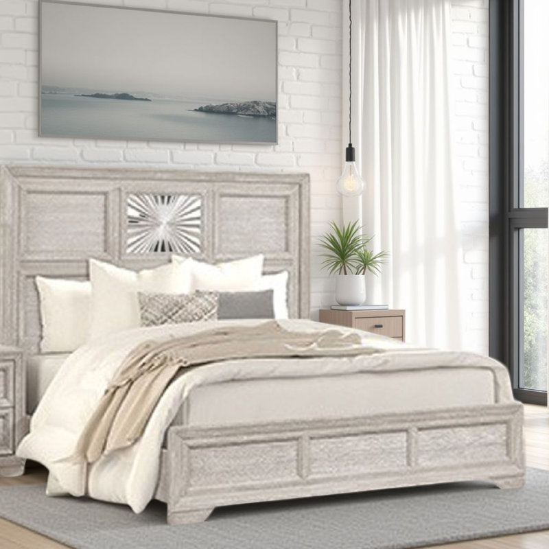 Très grand lit Diaz, motif soleil levant et panneau encastré, bois gris clair