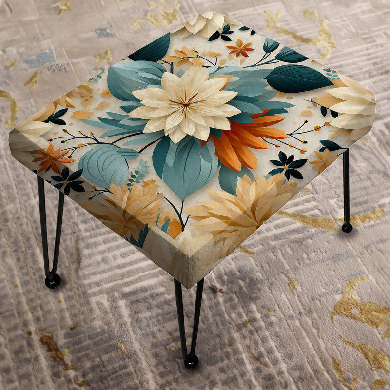 Repose-pieds géométrique bleu et beige à motif floral Fusion Elegance