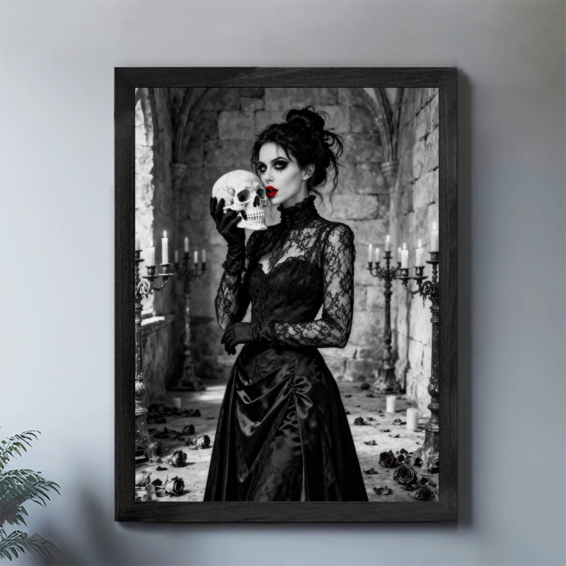 «Black», encadré noir, rétro, gothique romantique, dames et crâne, art mural, impressions de style rétro, H 37 po x l 25 po