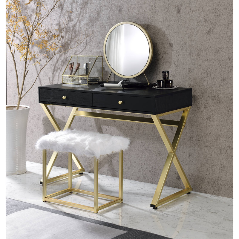 Miroir de coiffeuse et tabouret en fausse fourrure Adao, Noir / Laiton