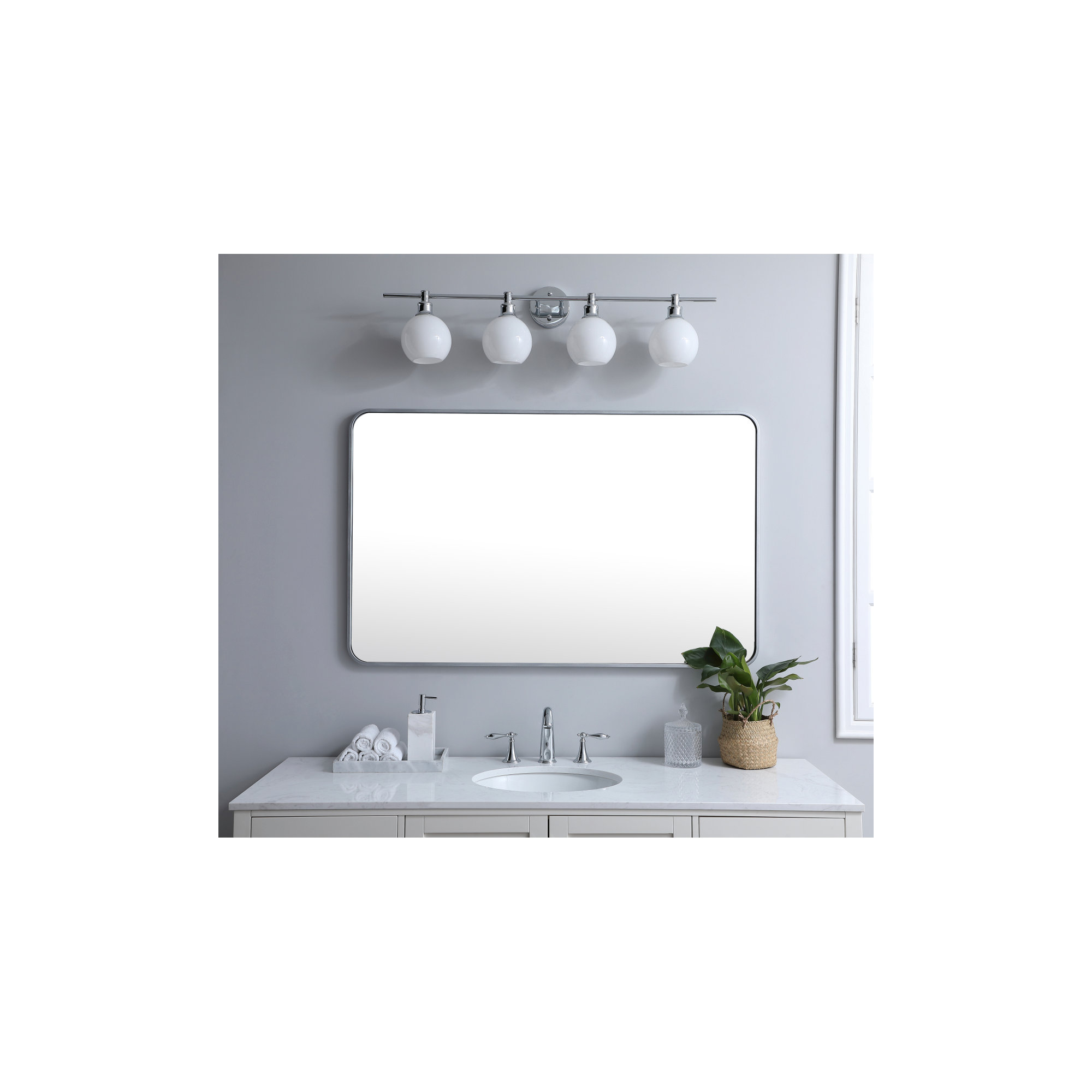 Sabine Metal Rounded Rectangle Wall Mirror, 48" x 30", Silver