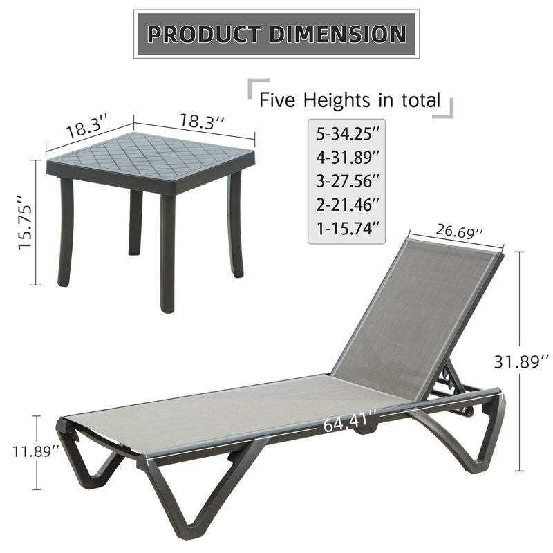 Grey Patio Chaise Lounge Chair Of 3 - Outdoor Chairs With 5 Adjustable Positions And Side Table For Beach, Balcony, Poolside, Yard 3 Aluminum Frame Yard, Poolside (Grey Intriguing Style