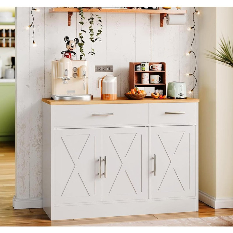 Buffet de cuisine avec 3 portes et 2 tiroirs, bar à café Farmhouse, blanc et jaune