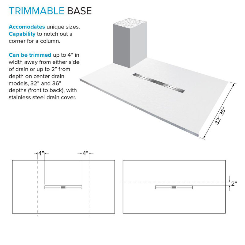 Transolid Trimslate 36-in Shower Base with Adjustable Single Threshold and Center Drain, White