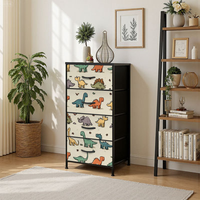 4 Drawer Vertical Storage Dresser Cute dinosaur Seamless prehistoric adorable animals hand drawn cartoon with Wood Top Fabric Pull Drawers