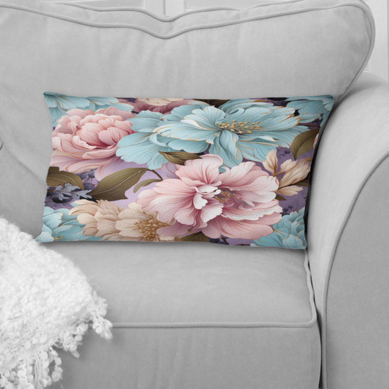 Blue And Pink Pastels Peonies Flowers Accent I - Floral Printed Throw Pillow