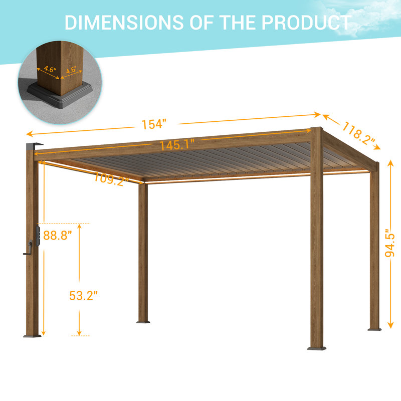 Patio Aluminum Metal Frame Pergola, Freestanding Lighted Patio Pergola with Adjustable Louvered Roof for Outdoor, Wood Grain