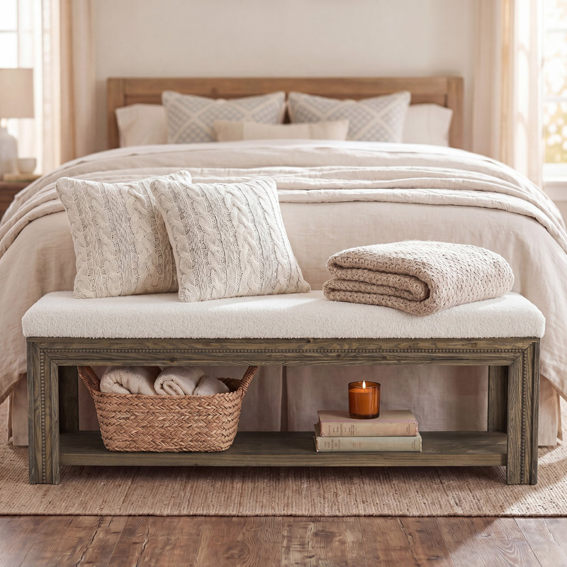 55-in吃" Wooden Upholstered Bed Bench with Storage, Rustic End Of Bed Bench with Teddy Fleece Cushion  for Bedroom 