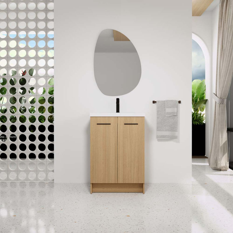 Meuble-lavabo autoportant de 24 po avec lavabo en résine, chêne clair, rangement à double porte, prêt-à-assembler, avec poignées en aluminium noir et brossé