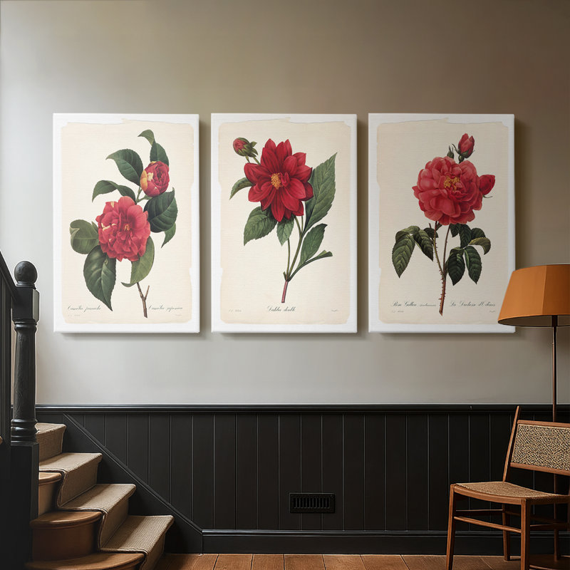 Red Botanical I - Toile tendue avec châssis sur mesure - 3 pièces, H 18 po x l 36 po