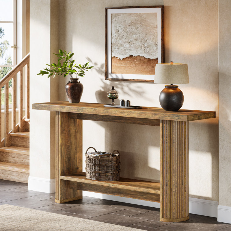 55-Inch Console Table With Storage, Rustic Brown 2-Tier Entryway Table For Living Room, Hallway, Entrance