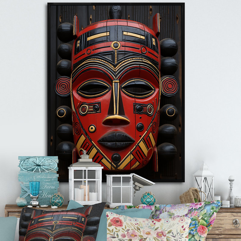Red Masques ancestraux rouges - Masque africain, art mural, Cadre flottant noir, H 44 po x l 34 po x P 1,5 po