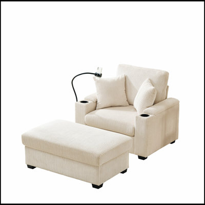 Oversized Chaise Lounge Chair with Ottoman and Storage, Comfy Corduroy Upholstery, Cup Holder, Mobile Phone Stand, USB Port, Reclining Function by Latitude Run