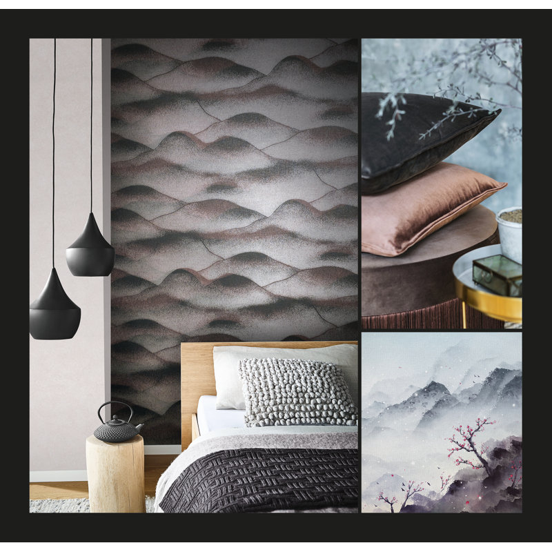 Astraia Rolling Hills Glitter Landscape Design 10.05 m x 53 cm Wallpaper Roll, Black/Silver/Burgundy