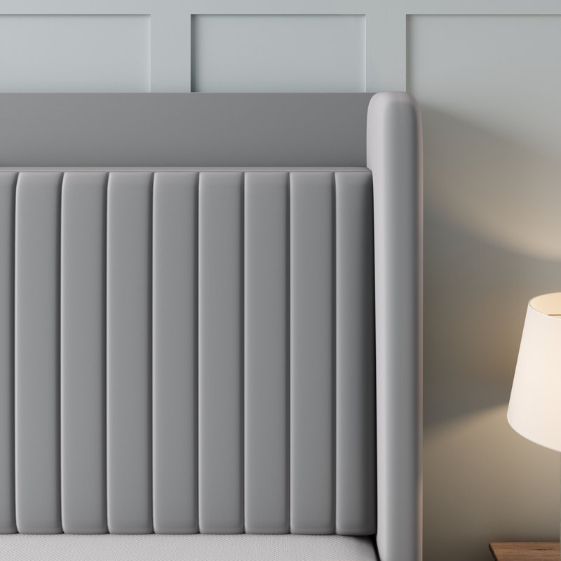 Chic Velvet Upholstered Platform Bed With Storage Shelf And Charging Station Wingback Headboard, Wooden Slats, Light Gray