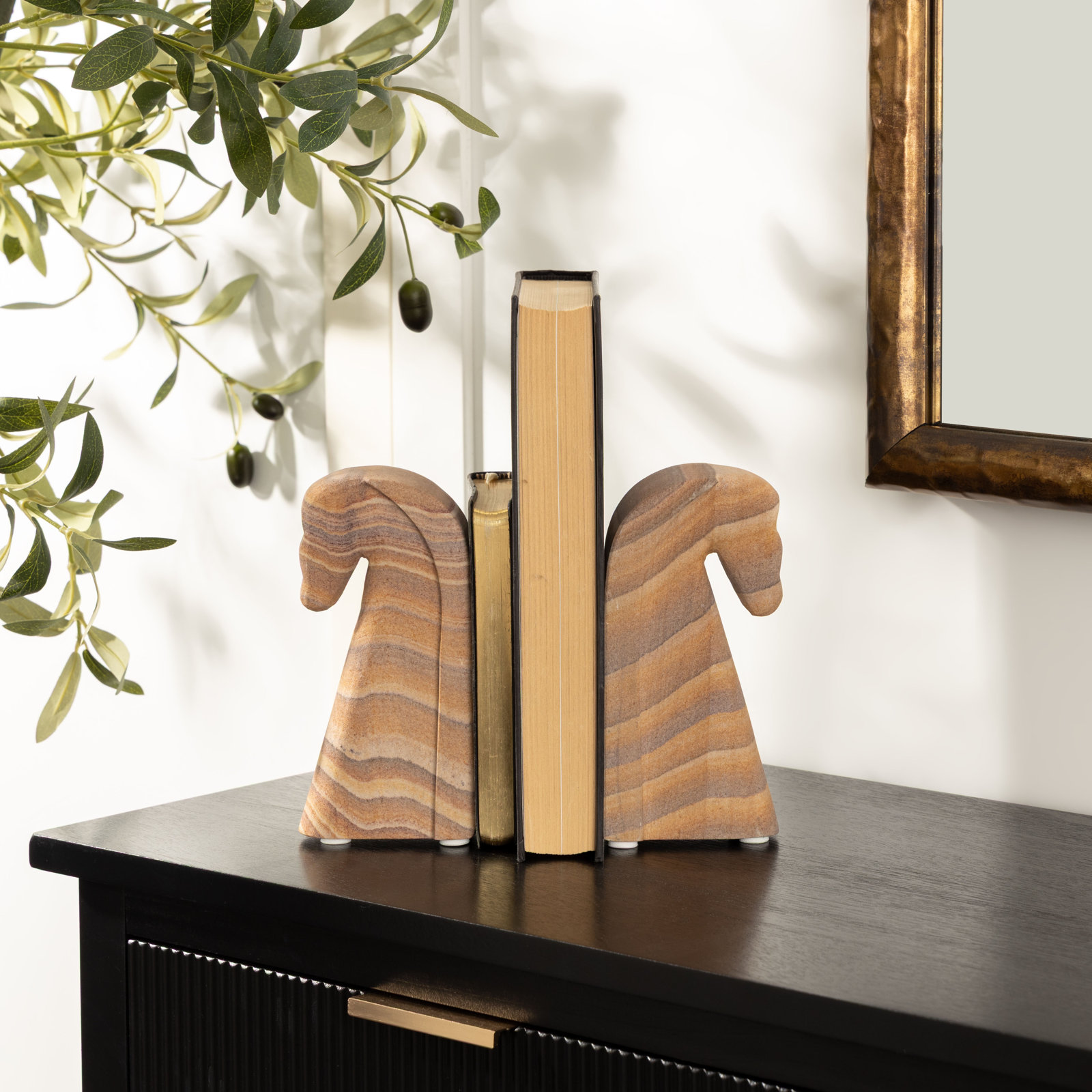 Cole and Grey Marble Horse Brown Decorative Bookends with Swirl Pattern Set