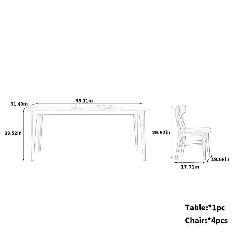 Table de salle à manger et chaise rustique en frêne blanc, H 29,52 po x L 55,11 po x l 31,49 po