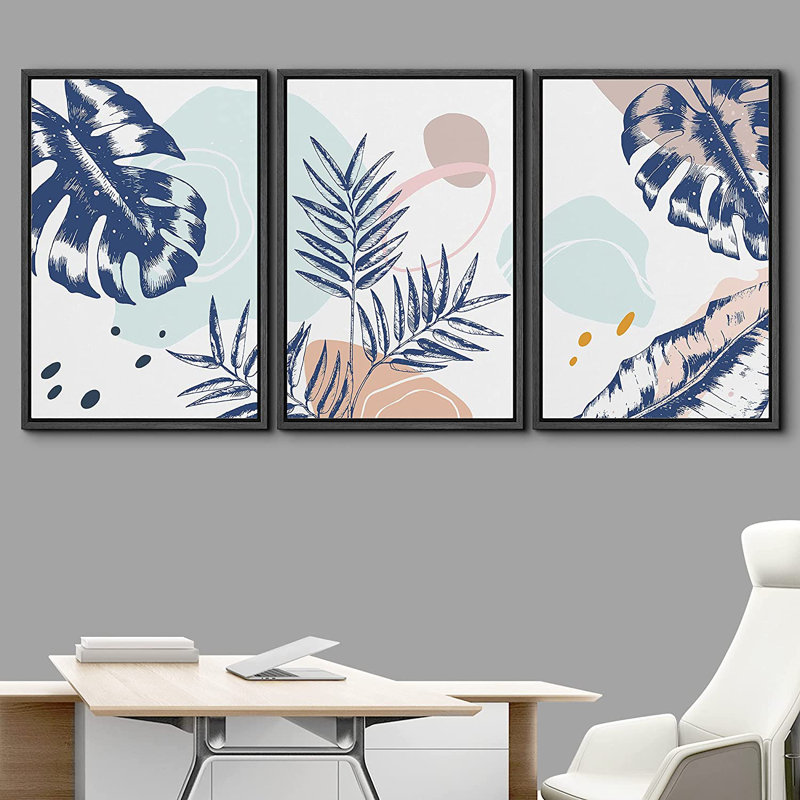 «Tropical Palm», 3 pièces, cadre flottant, impression sur toile, H 24 po x l 48 po x P 1,5 po, Noir, noir, noir, noir
