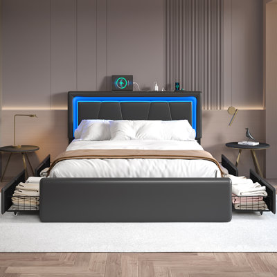 Upholstered Platform Bed with 4 Large Storage Drawers, RGB LED lights, Charging Station, Adjustable Headboard, Easy Assembly