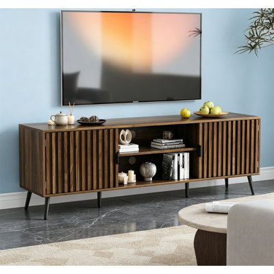 63 Inch TV Stand For TV Up To 70 Inch, Mid Century Entertainment Center With Fluted Doors And Open Shelves For Living Room, Walnut