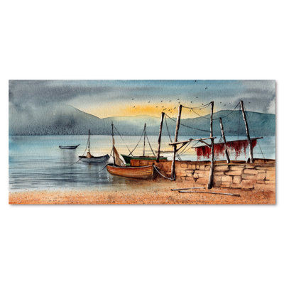 «Plusieurs bateaux de pêche dans le port du lac II», reproduction sur toile