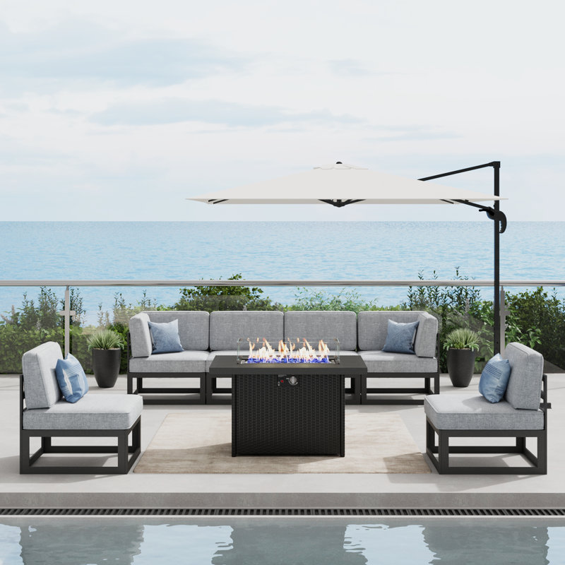  Ensemble de meubles de patio 7 pièces en aluminium avec table de feu, ensemble modulaire d'extérieur pour conversation en L