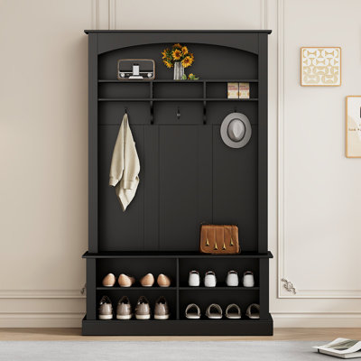 Arbre d'entrée de 47,2 po de largeur avec banc et rangement pour chaussures, rangement multifonctionnel pour hall d'entrée avec 3 crochets, tablettes ouvertes et compartiments réglables, noir