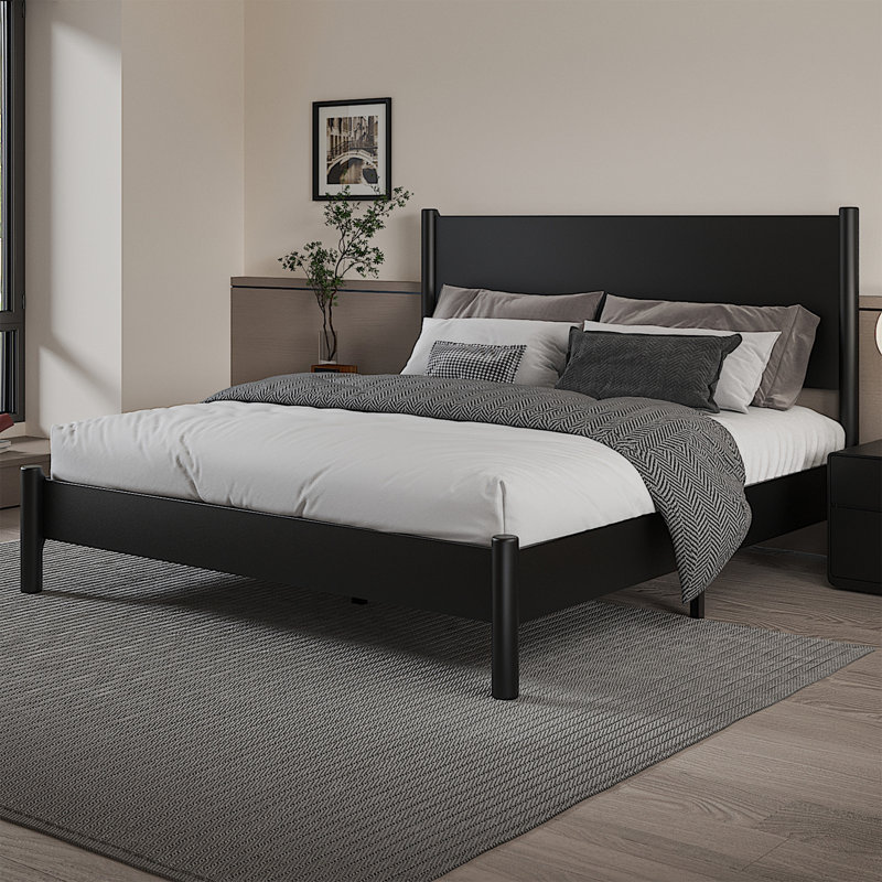 Queen Platform Bed with Headboard, Wooden Slats Support, 7.3-inch Underbed Space, Noise-Free Design, Easy Assembly, Black