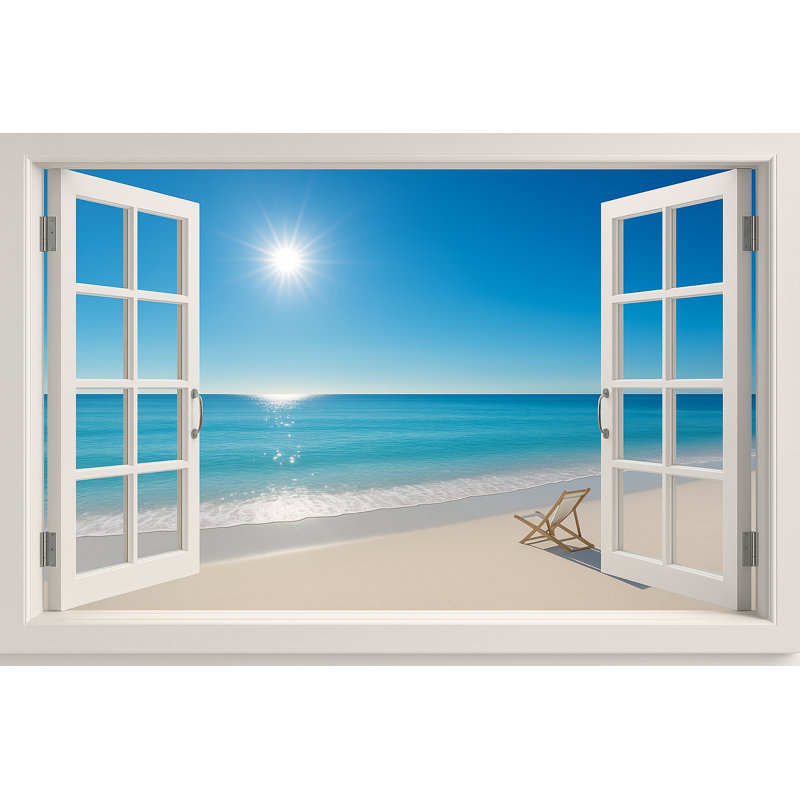 Vue de la fenêtre de Sunny Beach avec chaise - série Coastal Window View