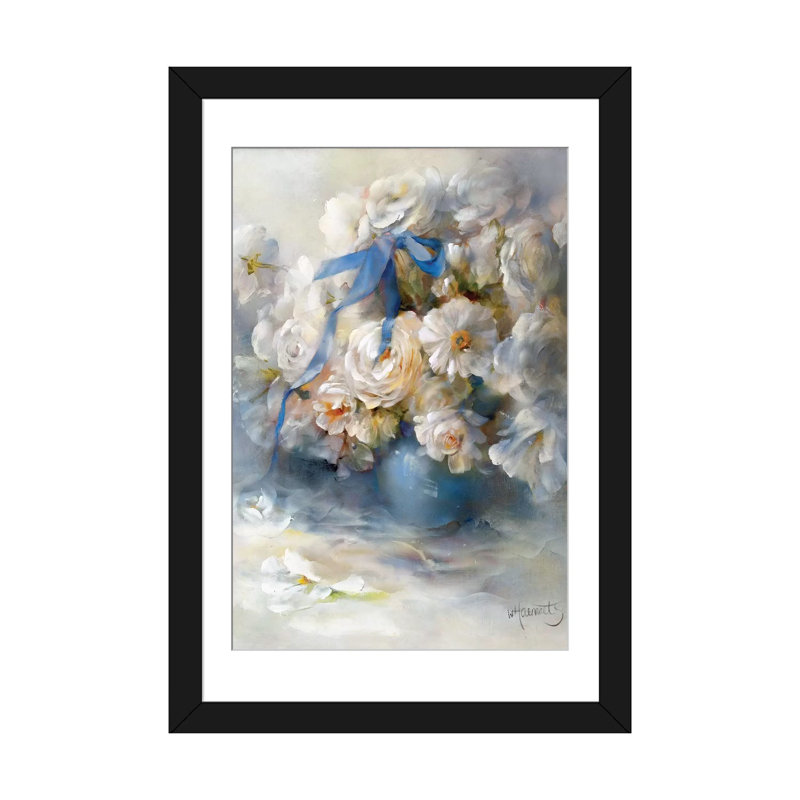 « renoncule », reproduction sur toile, H 24 po x l 16 po x P 1 po, Papier beaux-arts encadré noir, Blanc