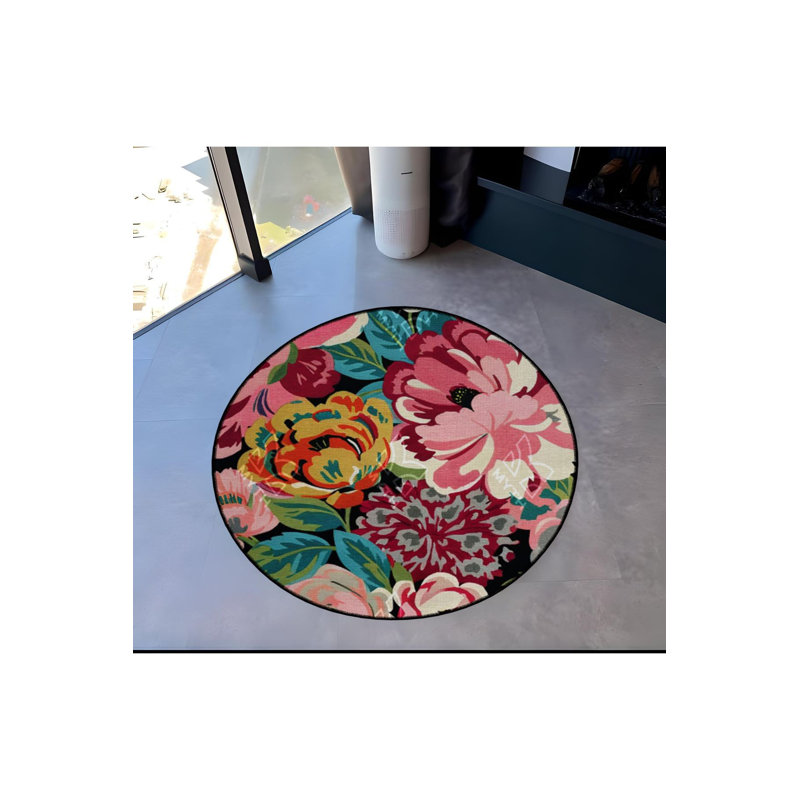 Tapis décoratif multicolore multicolore à motif floral rond lavable à la machine, Rond 3 pi 11 po