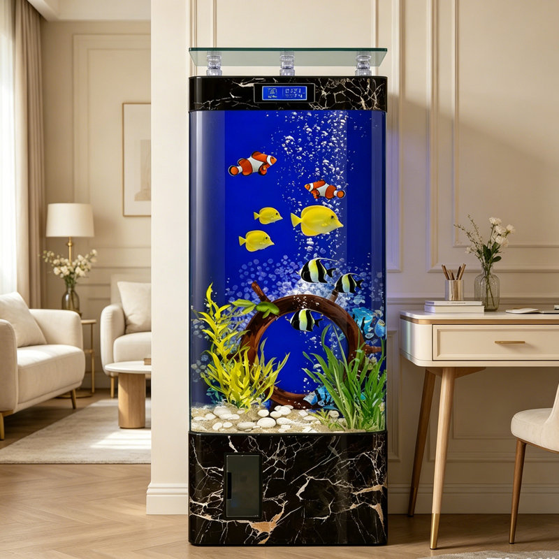 Aquarium vertical haut, finition marbre noir et or, en verre flotté avec cadre en bois massif et acrylique, ensemble complet avec pompe, filtre et éclairage DEL pour la décoration du salon.