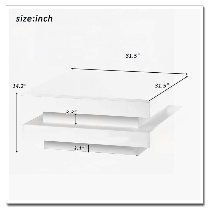 High Gloss Minimalist Design with LED Lights, 2-Tier Square Coffee Table, Centre Table for Living Room, White