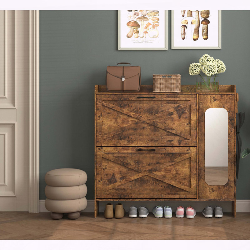 Armoire de rangement rustique à chaussures brun avec miroir, tiroirs rabattables et conception anti-basculement