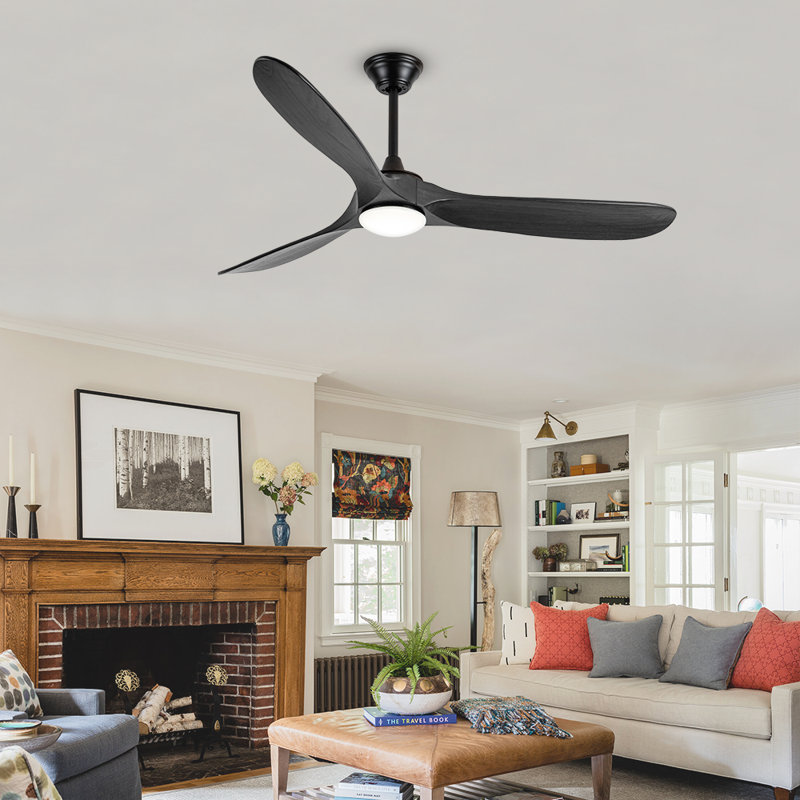 Ventilateur de plafond noir en bois massif avec lumière, 60"