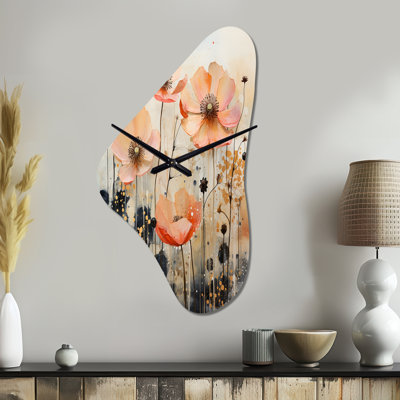 Peach Blossoming Abstractions I - Botanicals, horloge murale asymétrique en métal, impression d'horloge murale moderne unique