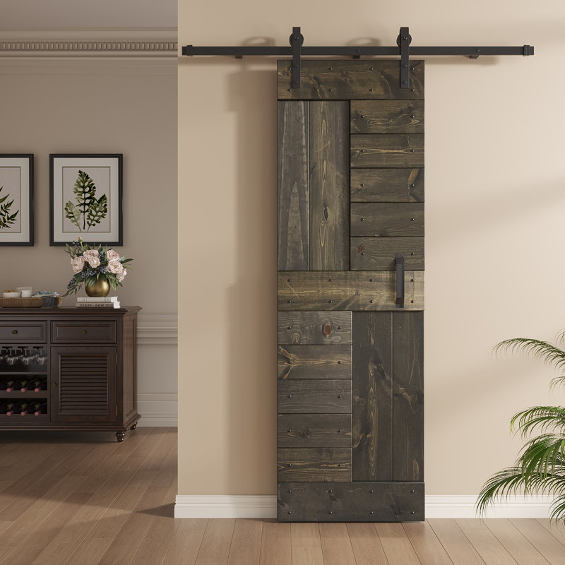 Panelled Wood S Series Barn Door with Installation Hardware Kit, 84" x 24", Dark Walnut