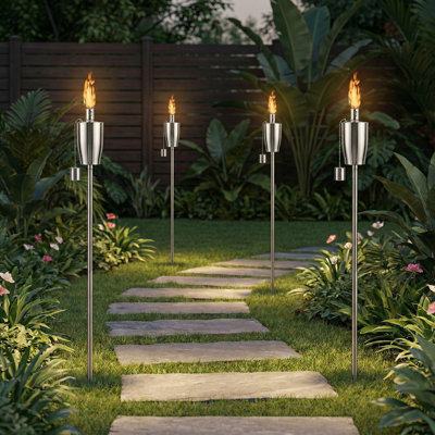 Lampe torche à huile de 55 pouces pour l'extérieur - 4 pièces Torches en acier inoxydable antirouille à citronnelle, 11,16 oz, comprenant un entonnoir et des mèches en fibre de verre pour la cour de jardin (écru)