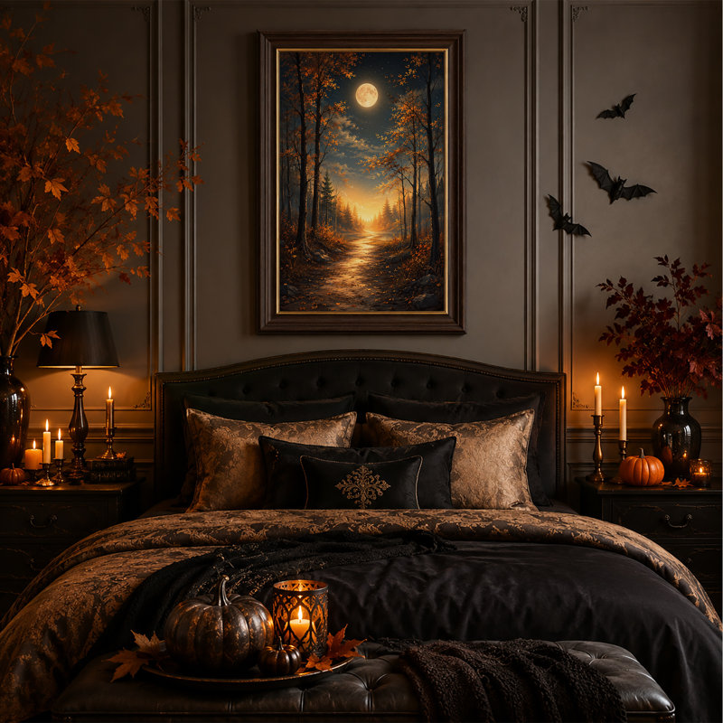 Toile dorée d'automne à travers les arbres sous Halloween, art mural sur toile, H 24 po x l 16 po