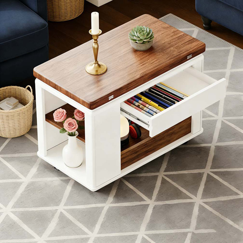 Table basse / table d'appoint moderne 27,6 po avec plateau pliable, Noyer, blanc