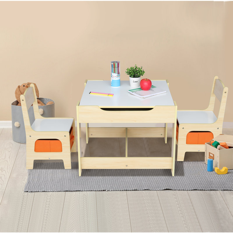 Swinehart Kids 3 Piece Square Play Or Activity Table and Chair Set, White/Nature/Orange