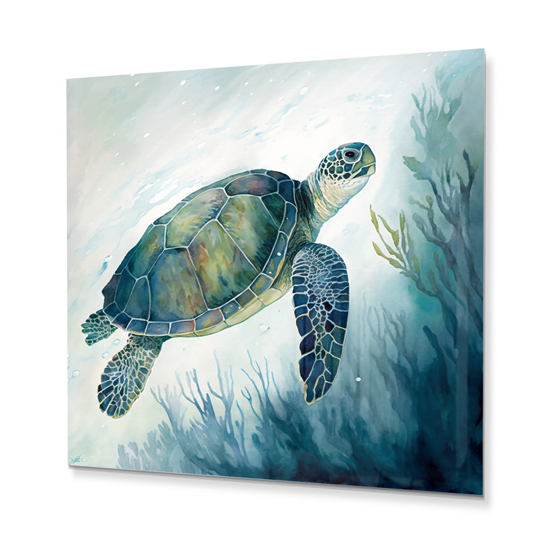 Aquarelle tortue nageant III - tortue animaux, décoration murale en métal, H 16 po x l 16 po x P 1 po