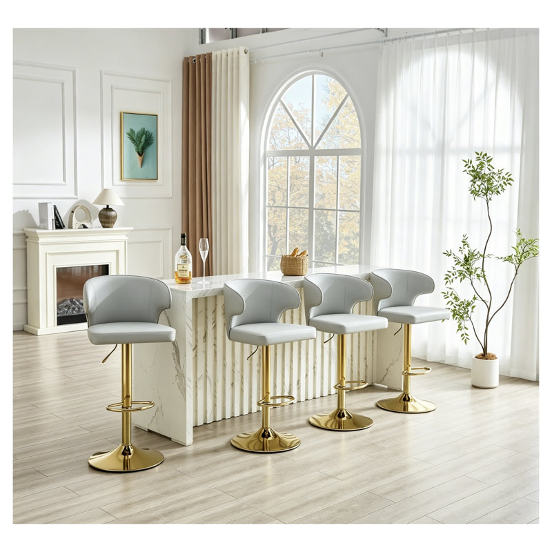 Ensemble de 4 tabourets de bar modernes rotatifs réglables avec dossier en cuir de polyuréthane, chaises de comptoir pivotantes pour îlot de cuisine et salle à manger, finition grise et dorée