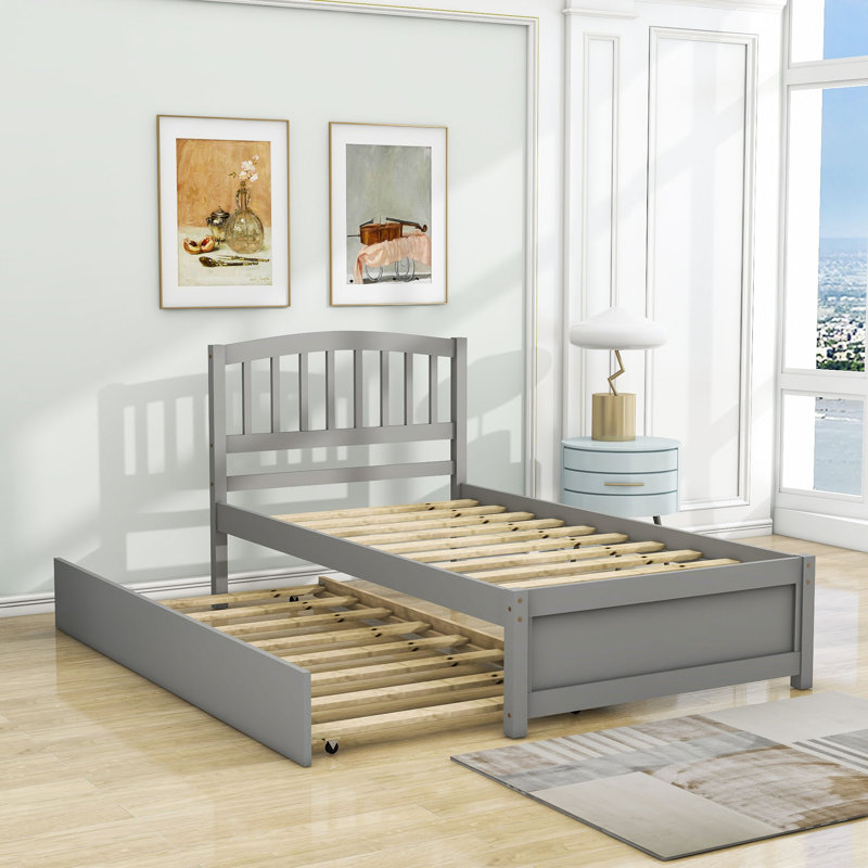 Mashud Twin Size Wood Platform Bed Frame with Trundle, Gray