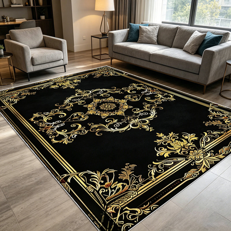 1PC Vintage Gold Baroque Damask area rugs for Living Room, Soft and Comfortable, Suitable for all seasons, easy-to-maintain, machine washable Indoor floor mat, Under Table Farmhouse suitable for dining room, bedroom, entryway, kitchen, home office,