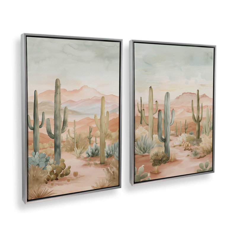 Ensemble de 2 impressions sur toile Cactus Waltz, H 30,75 po x l 41,5 po x P 1,75 po, Cadre flottant en chrome poli