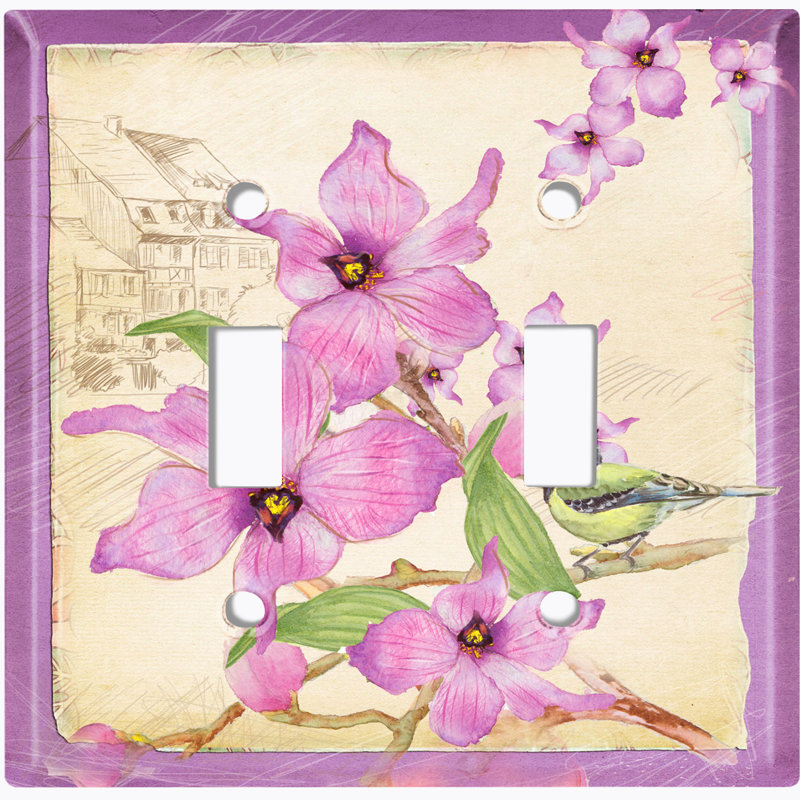 Plaque murale d'interrupteur à bascule mauve à 2 bandes avec fleurs mauves et oiseaux verts